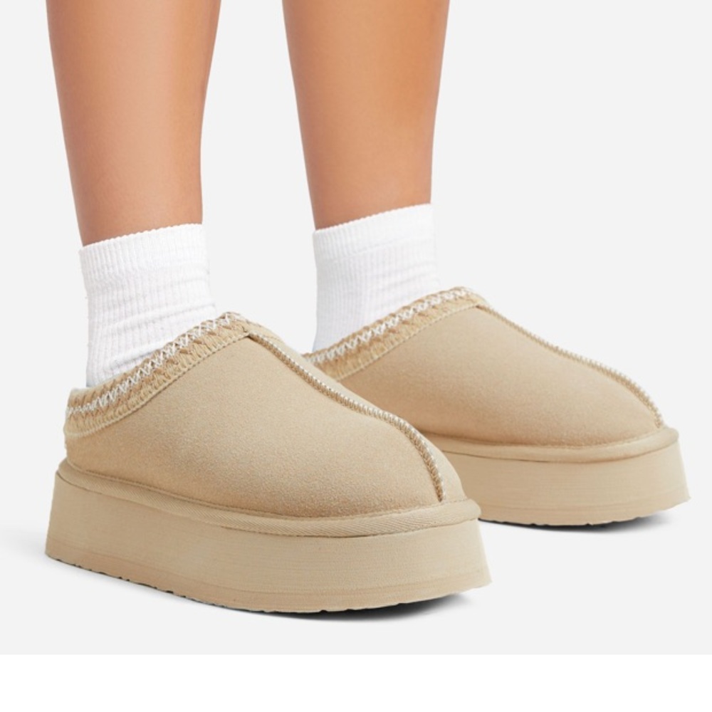 ego tazmin aztec detail faux fur lining platform slipper in sand with faux suede